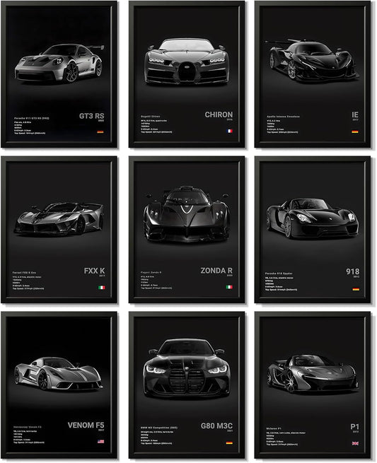 Car Poster Vintage Racing Car Wall Art Supercar Canvas Prints Painting for Men Room Pictures Guys Dorm Room Aesthetics Decor Bedroom Office (Unframed,8×10Inch,9Pcs) Black