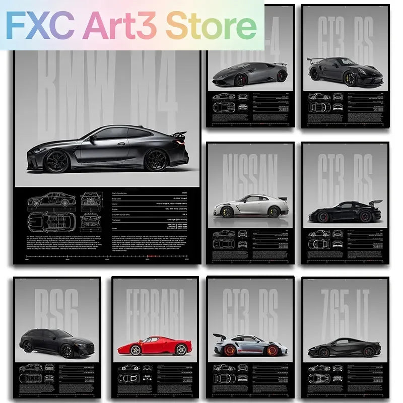 Frameless,Classic Simple Wall Art Cars Luxury Esthetics Super Sports Car HD Canvas Print Poster Home Living Room and Bedroom Dec