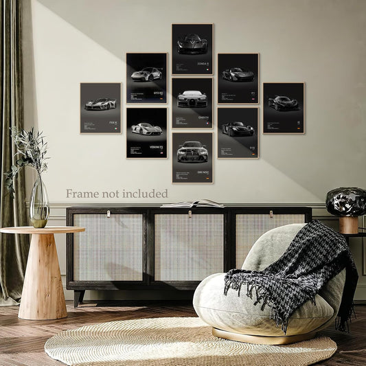 Car Poster Vintage Racing Car Wall Art Supercar Canvas Prints Painting for Men Room Pictures Guys Dorm Room Aesthetics Decor Bedroom Office (Unframed,8×10Inch,9Pcs) Black